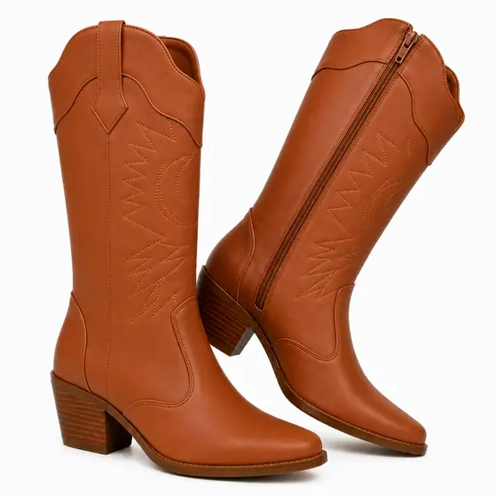 Bota Feminina Texana Western Country Salto Alto Cano Longo Confortável Moda Atual Blogueira
