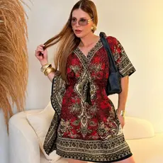 Vestido Feminino Curto Estilo Kaftan Indiano Saída De Praia Verão Estampado Boho