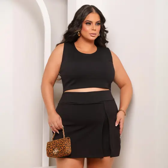 Conjunto Feminino Cropped Com Short Saia Plus Size Conjuntinho Plus Curve