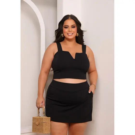 Conjunto Plus Size Decote V Cropped E Short Saia Curve