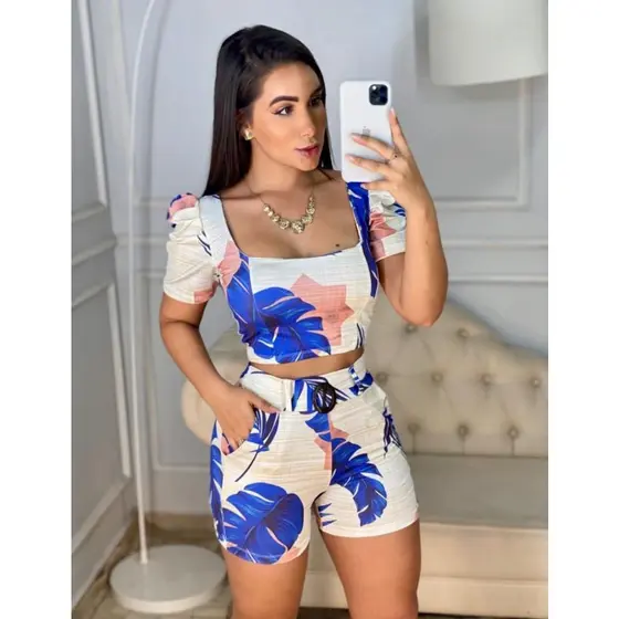 Conjunto Feminino Blusa com Bojo e Short com Cinto Conjuntinho Feminina Roupas Femininas