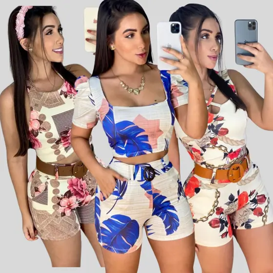 Conjunto Feminino Short com Cinto e Blusa com Bojo Conjuntinho Roupas Femininas