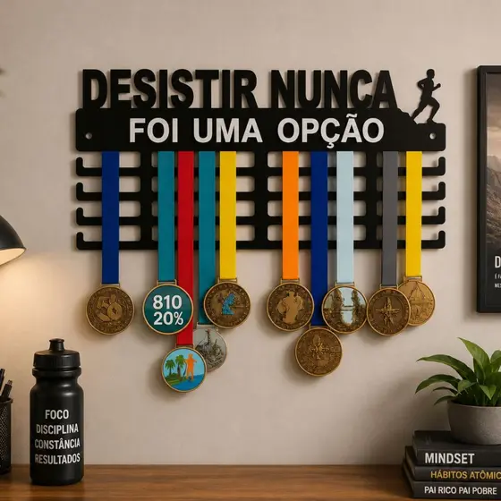 Porta Medalhas de Parede Desistir Nunca Foi Uma Opção em MDF