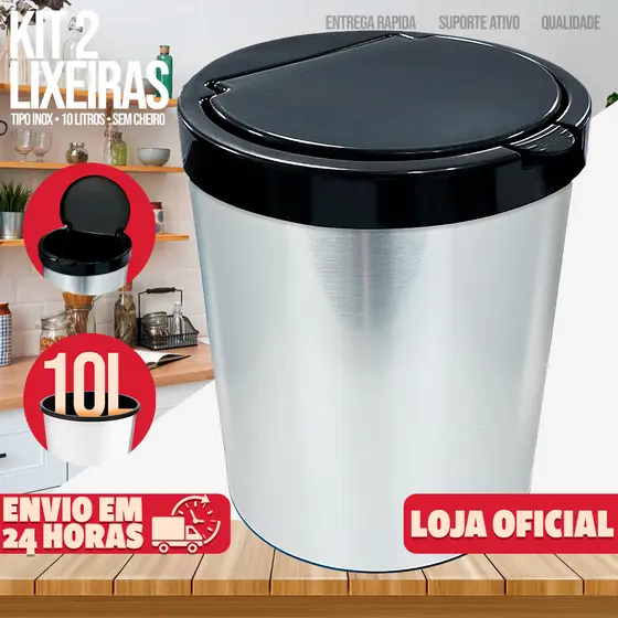 Kit 2 Lixeira Cesto de Lixo 10 Litros Grande Inox Multiuso Com Tampa Automática Pra Cozinha Banheiro