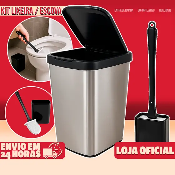 Kit Lixeira 09 Litros Cesto de Lixo Tipo Inox Escova Sanitária Silicone Para Banheiro Cozinha Sala