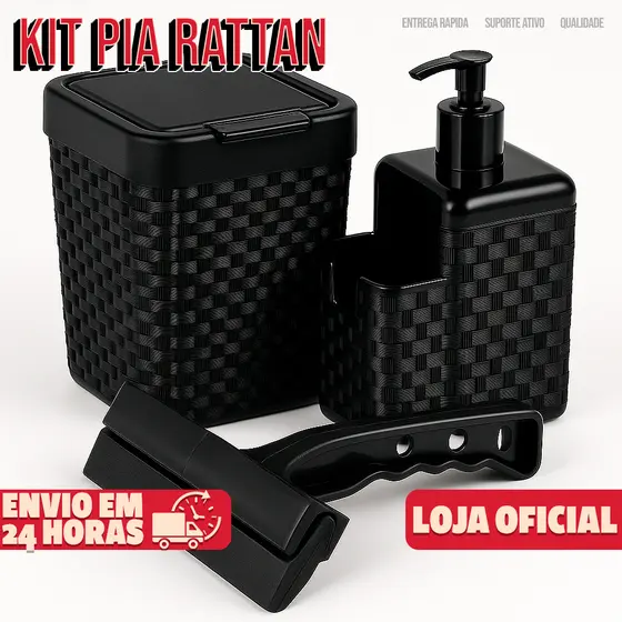 KIT PIA COMPLETO Lixeira 05 Litros Rattan Rodo de Pia Porta Detergente Bico Dosador Grande Cozinha