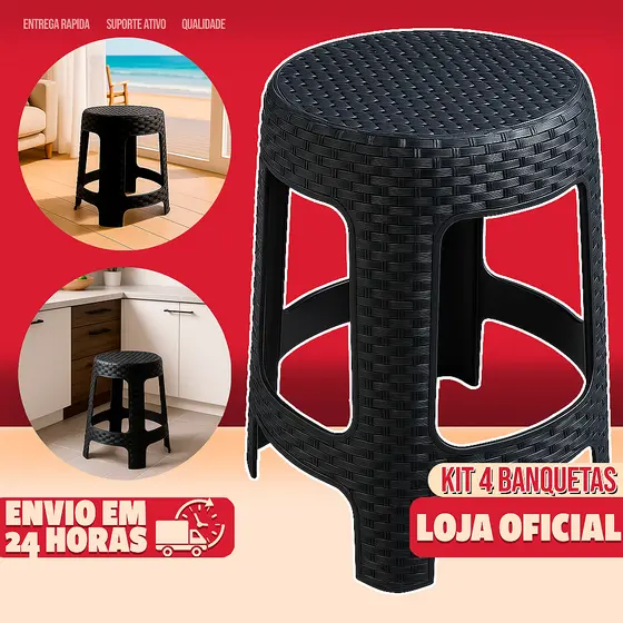 Kit 4 Banqueta Banco Rattan Resistente Reforçado Até 150 KG Banquinho Para Cozinha Bancada Bar