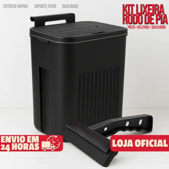 Kit Lixeira Cesto de Lixo 09 Litros Grande + Rodo de Pia Multiuso Com Tampa Automática Pra Cozinha