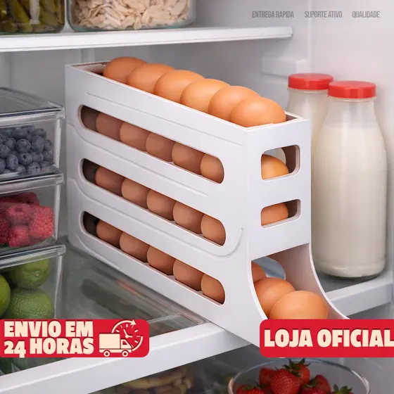 Organizador Porta Ovo Cozinha Suporte Deslizante Automático Quatro Andares Rolantes Grande 30 Ovos