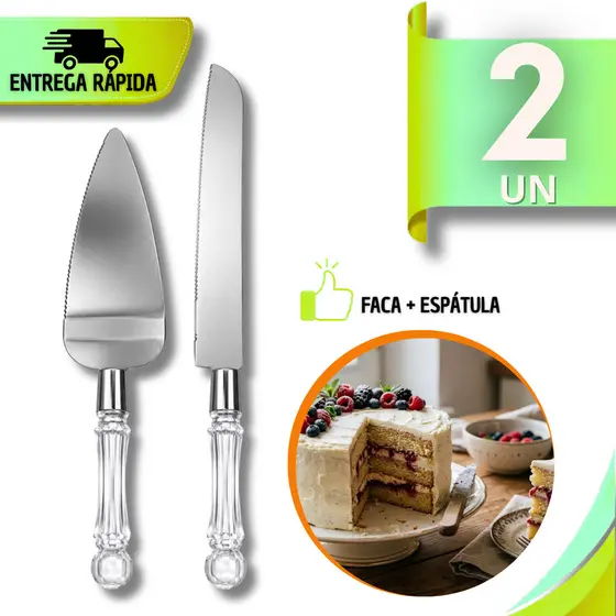 Conjunto Espátulas e Facas Para Bolo Tortas Pães Cozinha Aço Inox Cabo Acrílico Facilidade Corte