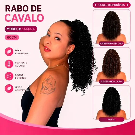 Rabo de Cavalo Cacheado Sakura 60cm Bio Fibra Aspecto Humano Idêntico ao Natural