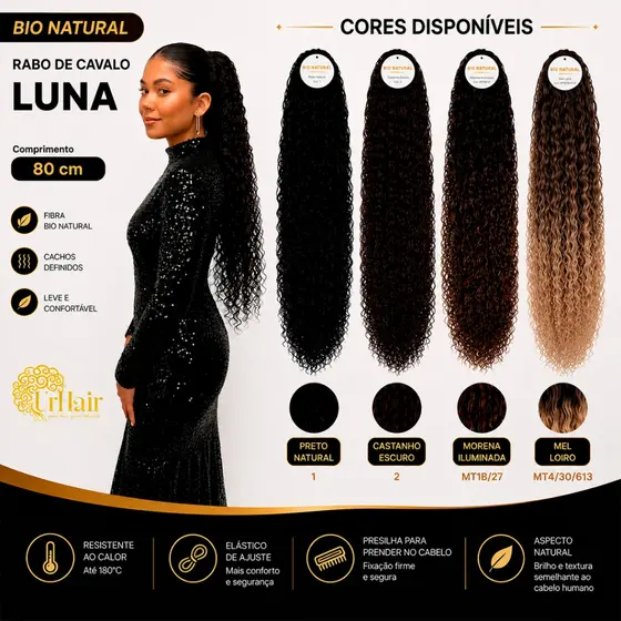 Rabo de Cavalo Cacheado 80cm UrHair Luna Fibra Bio Natural 190G Cabelo Premium