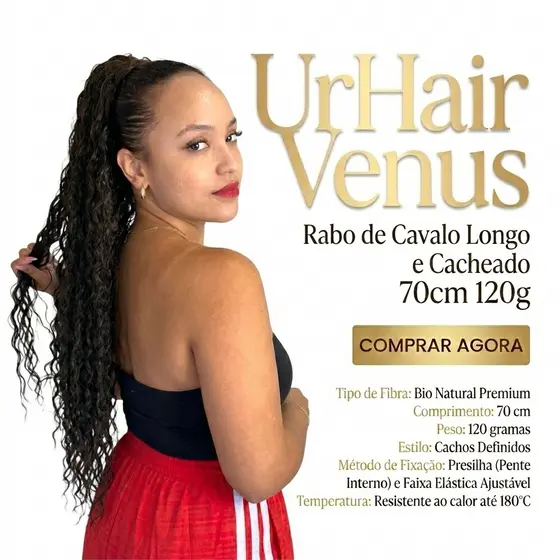 Rabo de Cavalo Cacheado Longo 70cm 120g UrHair Venus Volumoso
