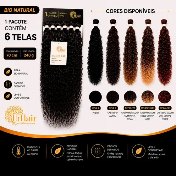 Cabelo Cacheado Entrelace Orion 70cm 6 Telas Bio Fibra UrHair Aspecto Humano