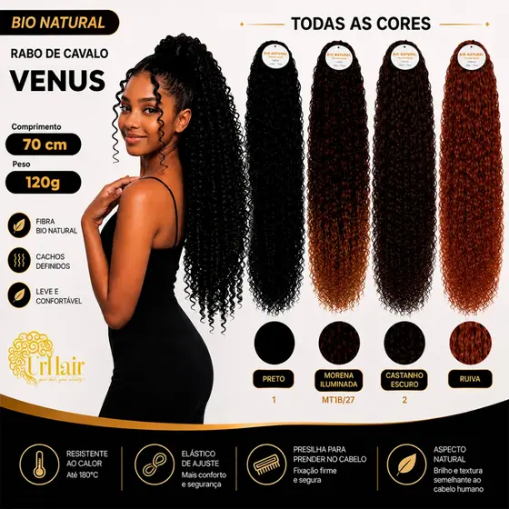 Rabo de Cavalo Cacheado 70cm UrHair Venus Fibra Bio Natural 120G Cabelo Premium