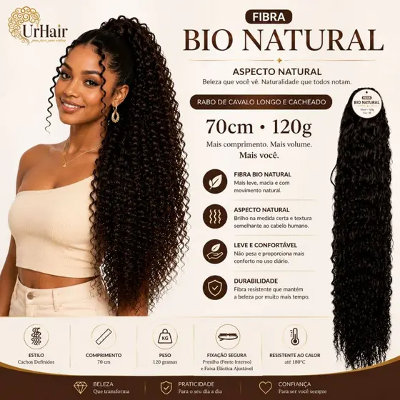 Rabo de Cavalo Cacheado Longo 70cm UrHair Venus Fibra Bio Natural