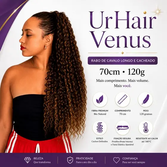 Aplique Rabo de Cavalo Cacheado 70cm 120g UrHair Venus Fibra Bio Vegetal Premium Aspecto Natural Resistente ao Calor