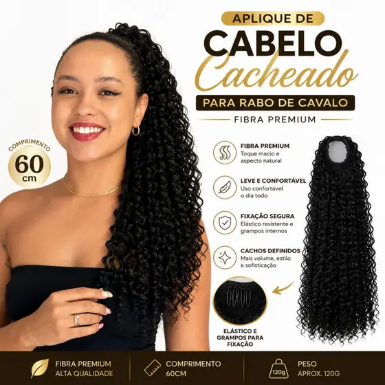 Aplique de Cabelo Cacheado 60cm Fibra Premium para Rabo de Cavalo - Textura Realista e Macia