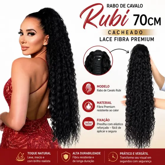 Rabo de Cavalo Rubi 70cm Cacheado Lace Fibra Premium