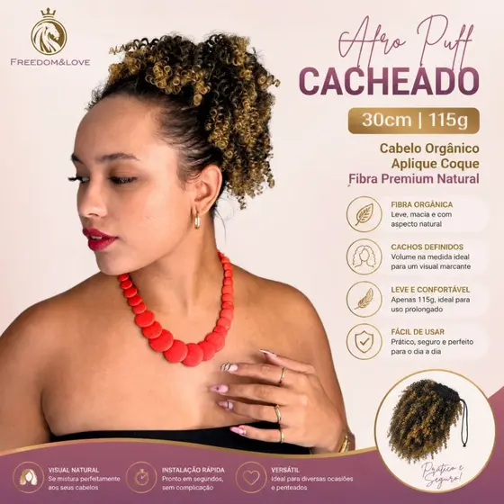 Afro Puff Cacheado 30cm 115g Cabelo Orgânico Aplique Coque Fibra Premium Natural Freedom&love