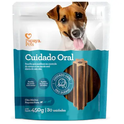 Petisco Dental Cães Porte Pequeno Papaya 450g 30un Snack Antitártaro Cuidado Oral Diário