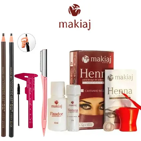 Kit Completo Makiaj: Henna + Régua + Lâmina + 1 Pincel + 2 Lápis (Preto e Marrom) - Beleza Duradura