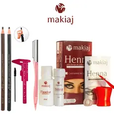 Kit Completo Makiaj: Henna + Régua + Lâmina + 1 Pincel + 2 Lápis (Preto e Marrom) - Beleza Duradura