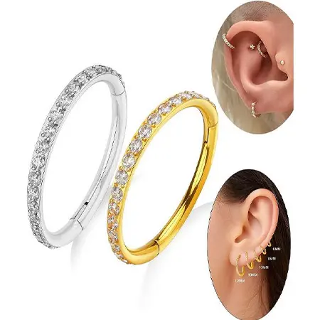 Piercing Titânio/Aço Argola Click Cravejada 6mm 8mm 10mm 12mm Prata Dourado Luxo