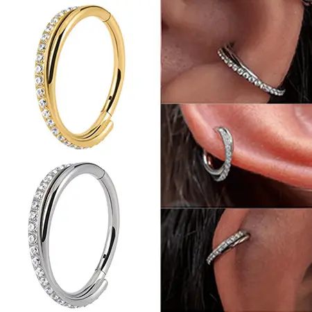 Brinco Feminino de Piercing - Argola de Aço com Zircônia - Dourado ou Prateado
