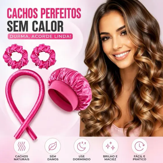 Kit 4 Peças: Modelador de Cachos Heatless + 2 Xuxinhas Cetim + Touca Antifrizz Cetim - Protege o Cabelo e Define Cachos