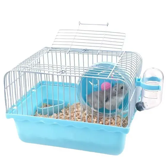 Gaiola de Hamster Camada Única Villa Portátil com Alça Prato Roda de Corrida Garrafa Sem Vazamentos