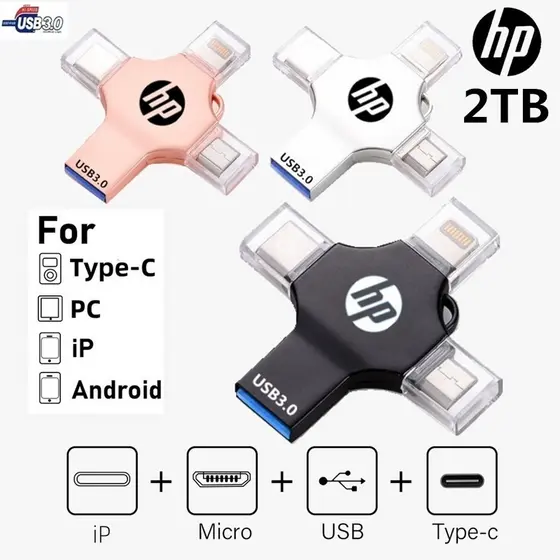 Unidade flash HP 2 Tb 4 Em 1 De 1 USB 3.0 Memory Stick OTG Pendrive 2 512 Gb 256 128 Velocidade Rápida Tipo-c Para i/O/S