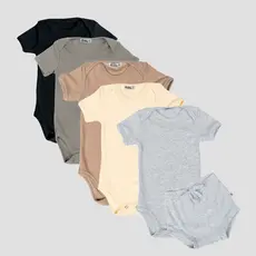 Kit 5 Conjuntos Body Bebê RN ao GG Manga Curta e Short Tapa Fralda Canelado Macio Confortável 05k5