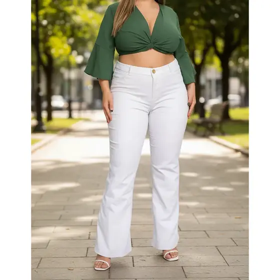 Calça Flare Feminina Branca Plus Size Cintura Alta Casual Social Verão Confortável