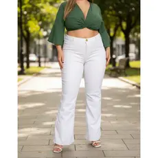 Calça Flare Feminina Branca Plus Size Cintura Alta Casual Social Verão Confortável