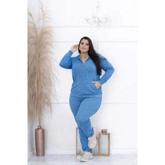 Conjunto Plus Size Frio Lanzinha Com Capuz Bolsos Calça Feminino G1 G2 G3 G4