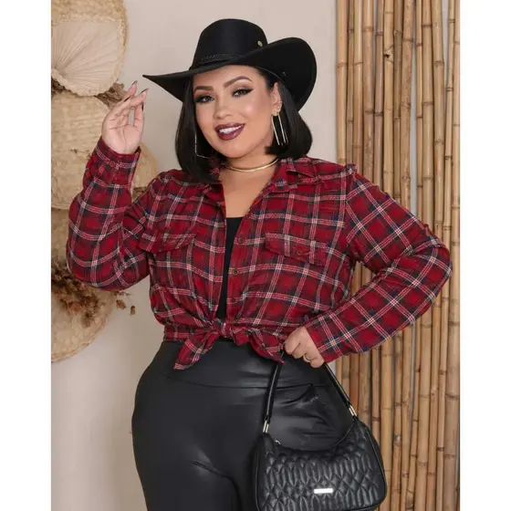 Camisa Xadrez Plus Size Feminina Flanelada Inverno Manga Longa Festa Junina São João