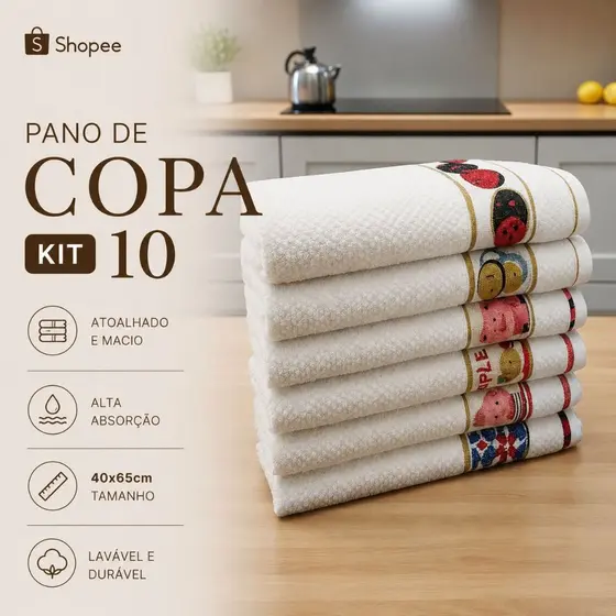 Kit 5/10 Panos de Prato Copa 40x65 Jacquard Atoalhado Toalha De Cozinha