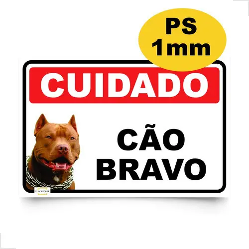 Placa Advertência Cuidado Cão Bravo Pitbull - Placa Poliestireno 30x20 Cm