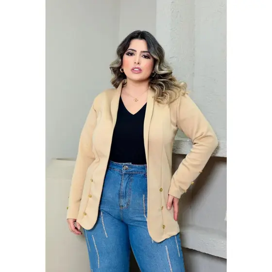 Blazer pluz Social Liso Botões Alongado Feminino Acinturado Neoprene