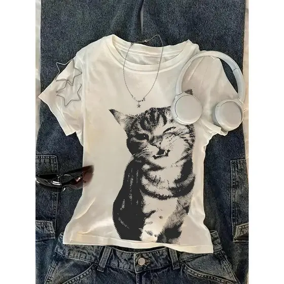 Y2K Style Cat Print Women's T-Shirt - Regular Fit Short Sleeve Round Neck Casual Top with Monochrome Feline Graphic