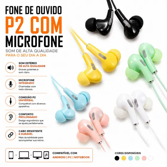 Fone de Ouvido P2 com Microfone Intra Auricular Grave Forte Android PC Notebook