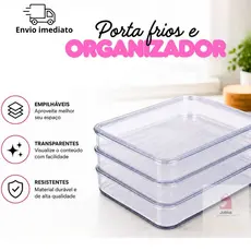 Organizador de Geladeira Porta Frios Kit 3 Potes Transparentes com Tampa Empilháveis