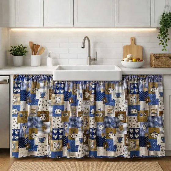 Cortina Pia Estampada Tecido Lavável Alta Durabilidade Decoração Cozinha Design Moderno