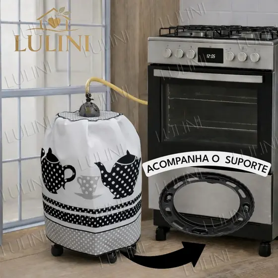 Suporte Para Botijão Gás + Capa Botijão Proteção Piso Estampado Cozinha