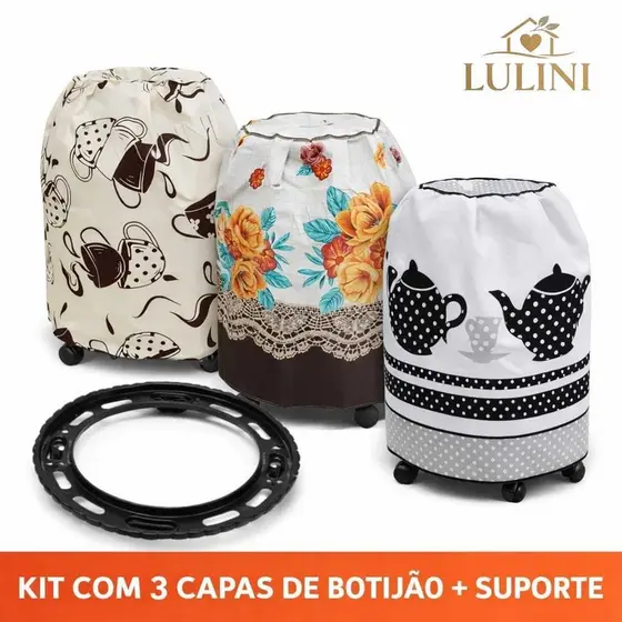 Kit 2 ou 3 Capas Botijão + Suporte Antiderrapante Cozinha Decorada Lavável