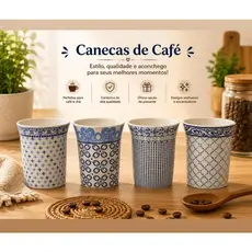 Caneca de Porcelana Estampada 350 ml | Estilo Geométrico Azul e Branco