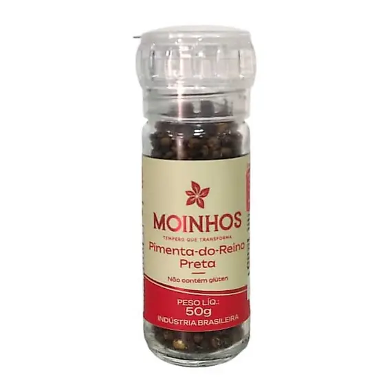 Pimenta-do-Reino Preta em Grãos 50g - Moedor de Vidro Reutilizável - Sem Glúten