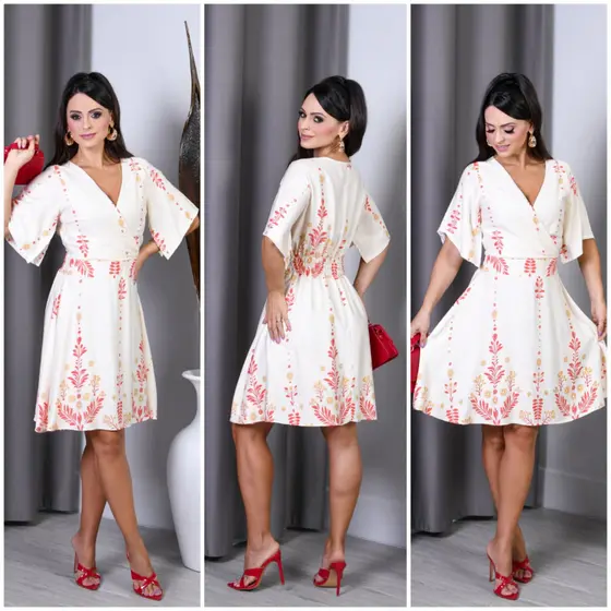 Vestido Social Manga borboleta Estampado Viscolinho Megaliquidação2026*