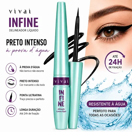 Delineador Líquido Vivai Infine À Prova D'Água Preto Intenso Longa Duração Ponta Fina
